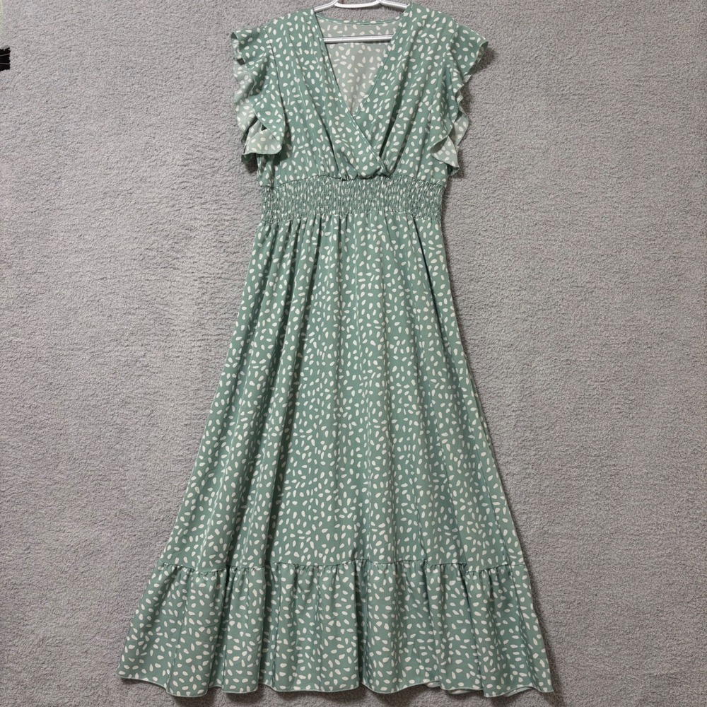 Flowy Sage Green Maxi Dress Ruffle Sleeve Smocked Plus Size 2XL Boho Coastal